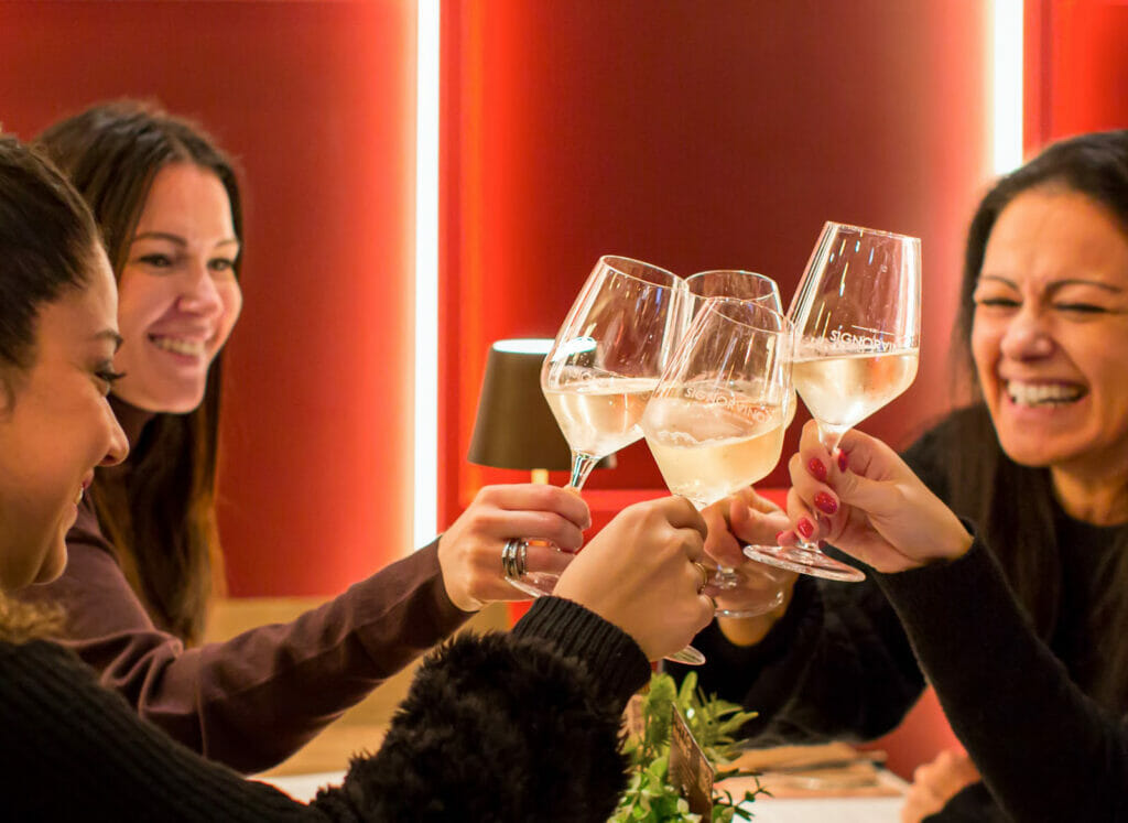 ragazze che brindano con calici di vino.