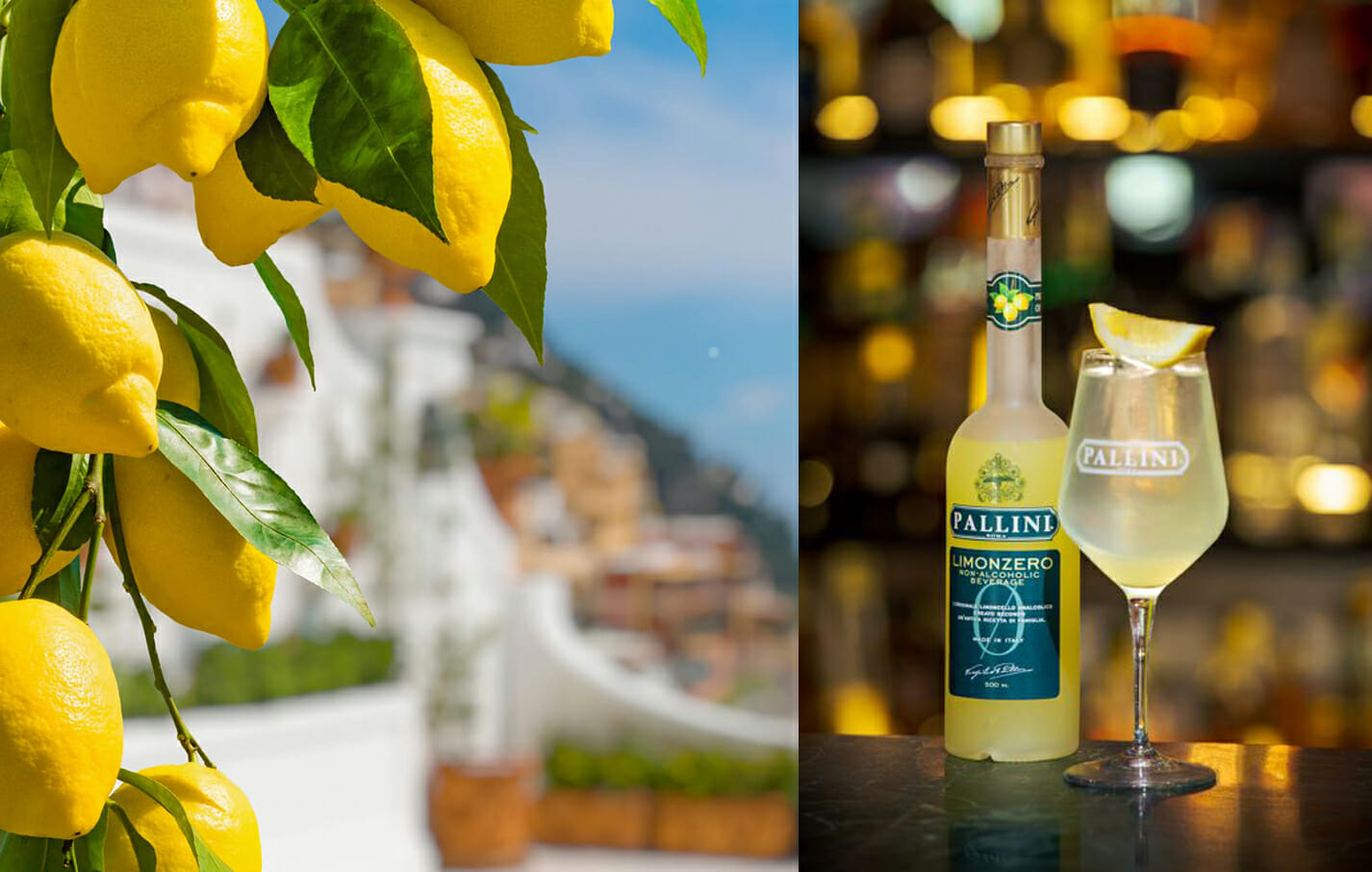 bottiglia di limoncello senza alcool. foto di limoni con sfondo Amalfi