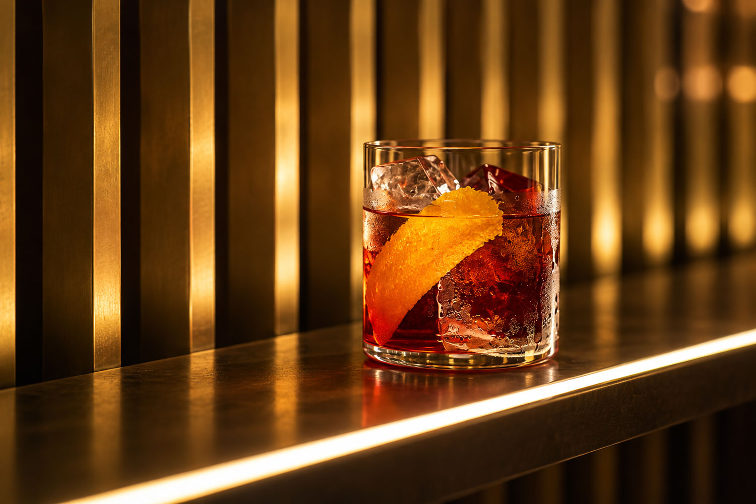Camparino in Galleria, Negroni con ghiaccio e scorza d’arancia in primo piano durante l’aperitivo a Milano.