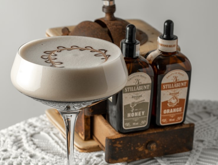 Boccettine di Stillabunt per la mixology con un bicchiere di cocktail spumoso con velluto