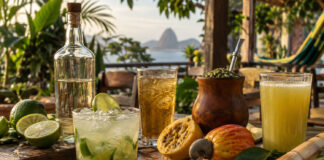 Bevande brasiliane: 10 specialità oltre la Caipirinha Bevande brasiliane con Caipirinha, cachaça, chimarrão, cajuína e canna da zucchero su una terrazza tropicale