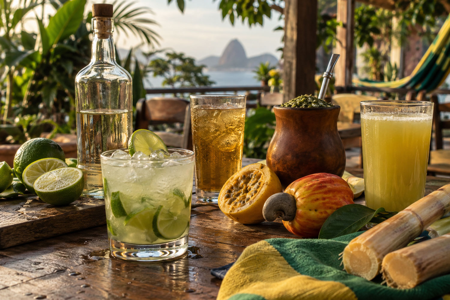 Bevande brasiliane con Caipirinha, cachaça, chimarrão, cajuína e canna da zucchero su una terrazza tropicale