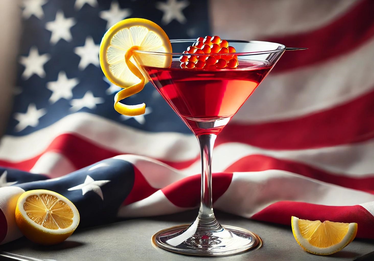 Cocktail Trumptini di Donald Trump con scorza di limone e caviale di salmone