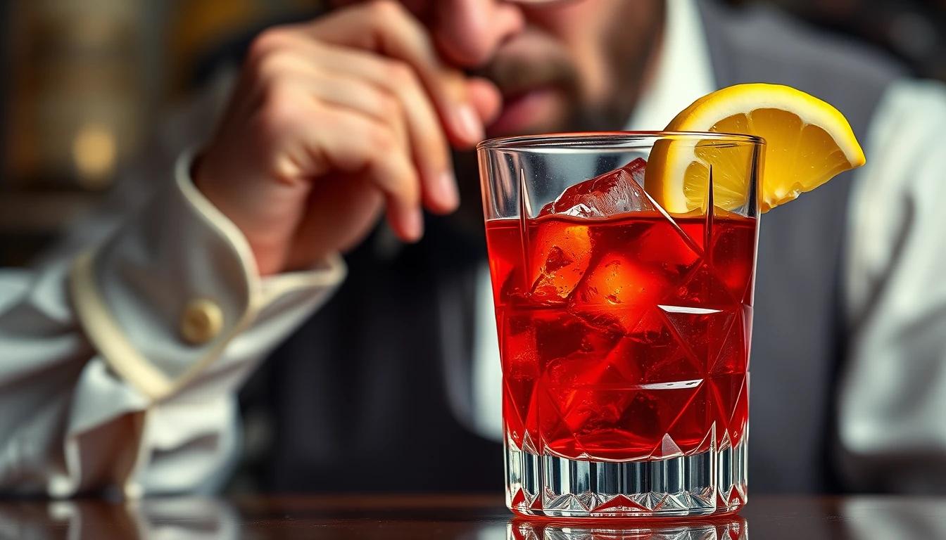 Negroni cocktail servito in bicchiere old fashioned con fetta d'arancia