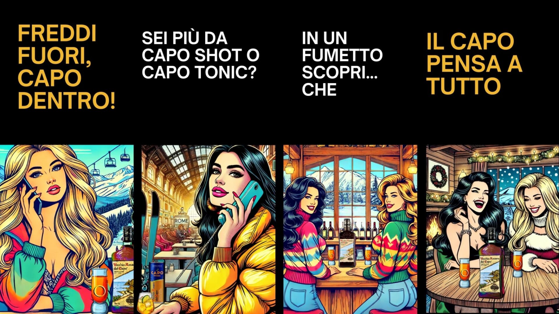 mmagine promozionale della campagna social del Gruppo Caffo 1915 con il Vecchio Amaro del Capo e design di Manolito Cortese