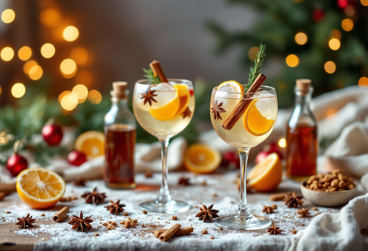 Cocktail natalizi creativi con avanzi di Natale su una tavola festiva, decorati con agrumi, spezie e ghiaccio aromatizzato