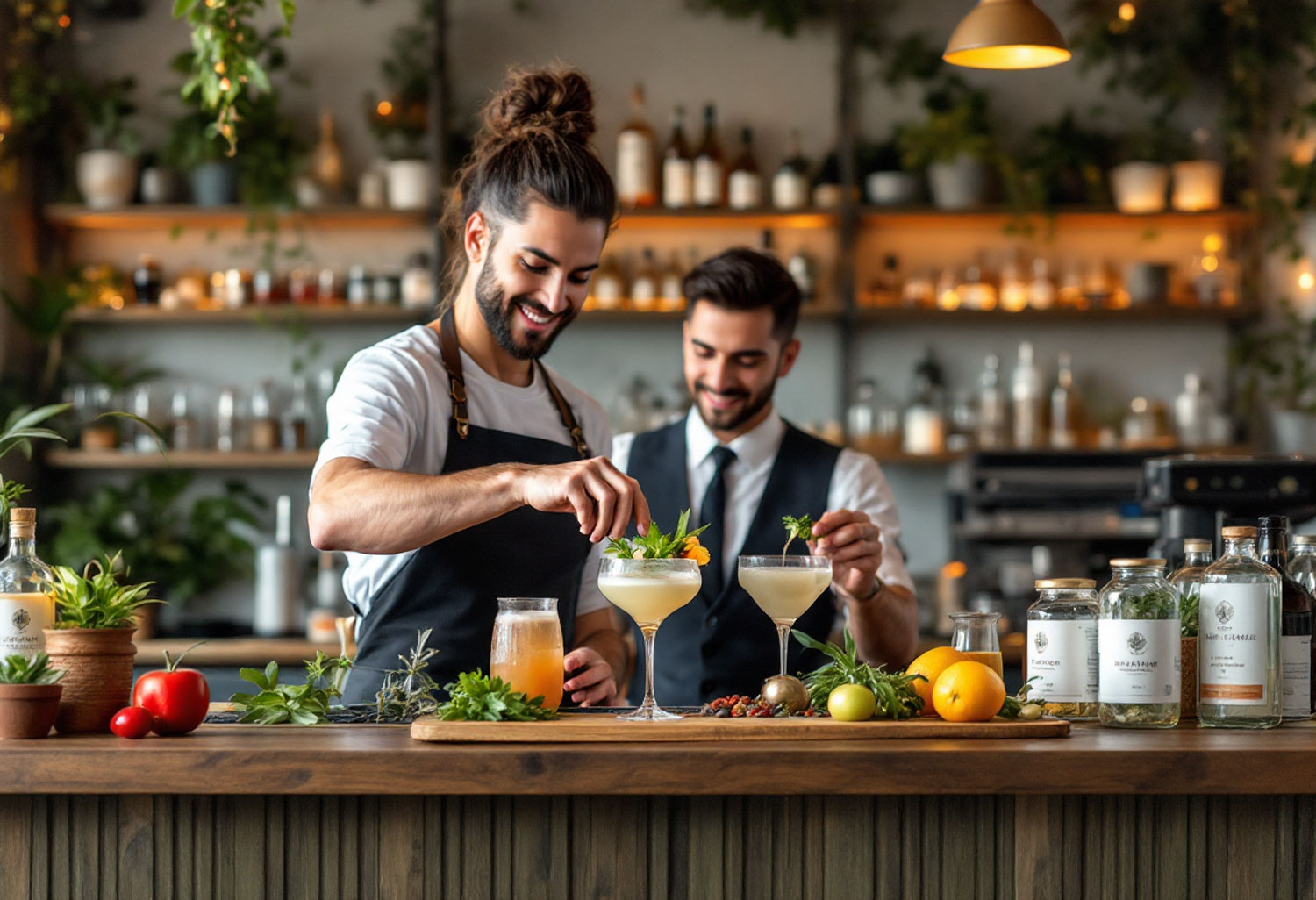 Bartender che prepara un cocktail con ingredienti freschi in un bar sostenibile, circondato da decorazioni eco-friendly e mensole in legno naturale.