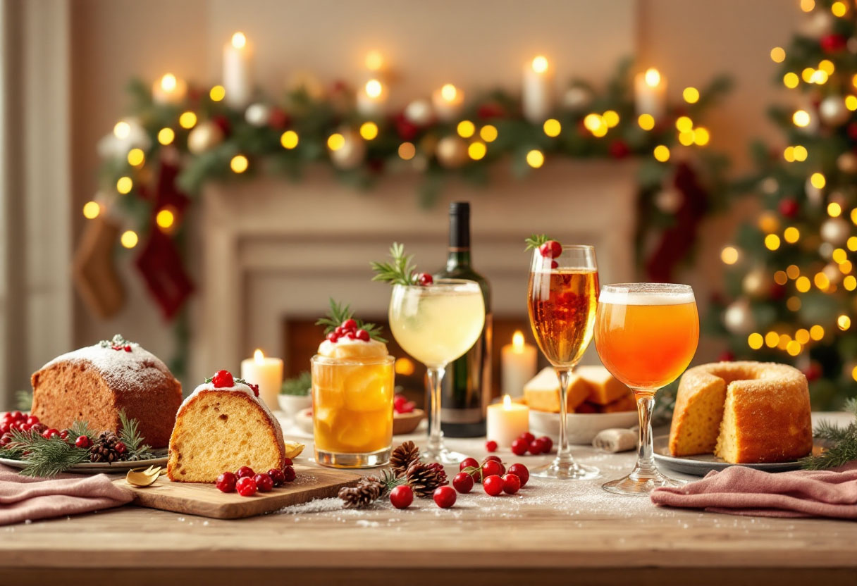Tavola natalizia con dolci italiani e cocktail: panettone con Old Fashioned, pandoro con French 75, torrone con Hot Buttered Rum, in un ambiente festivo e accogliente.