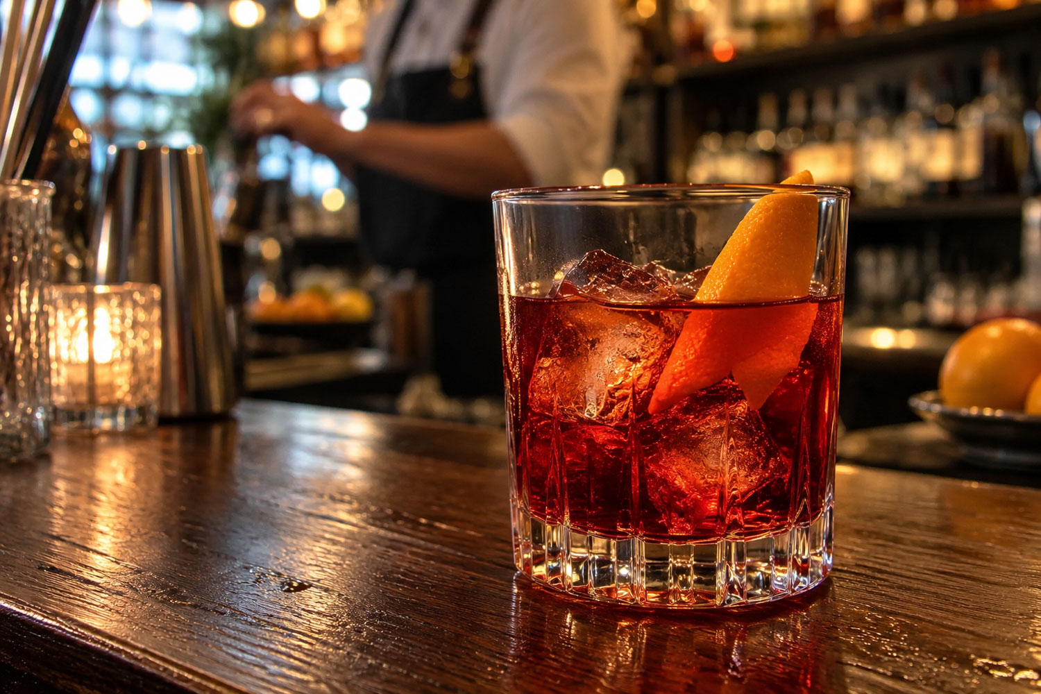 Negroni cocktail con gin, vermouth rosso e Campari servito con ghiaccio e scorza d’arancia