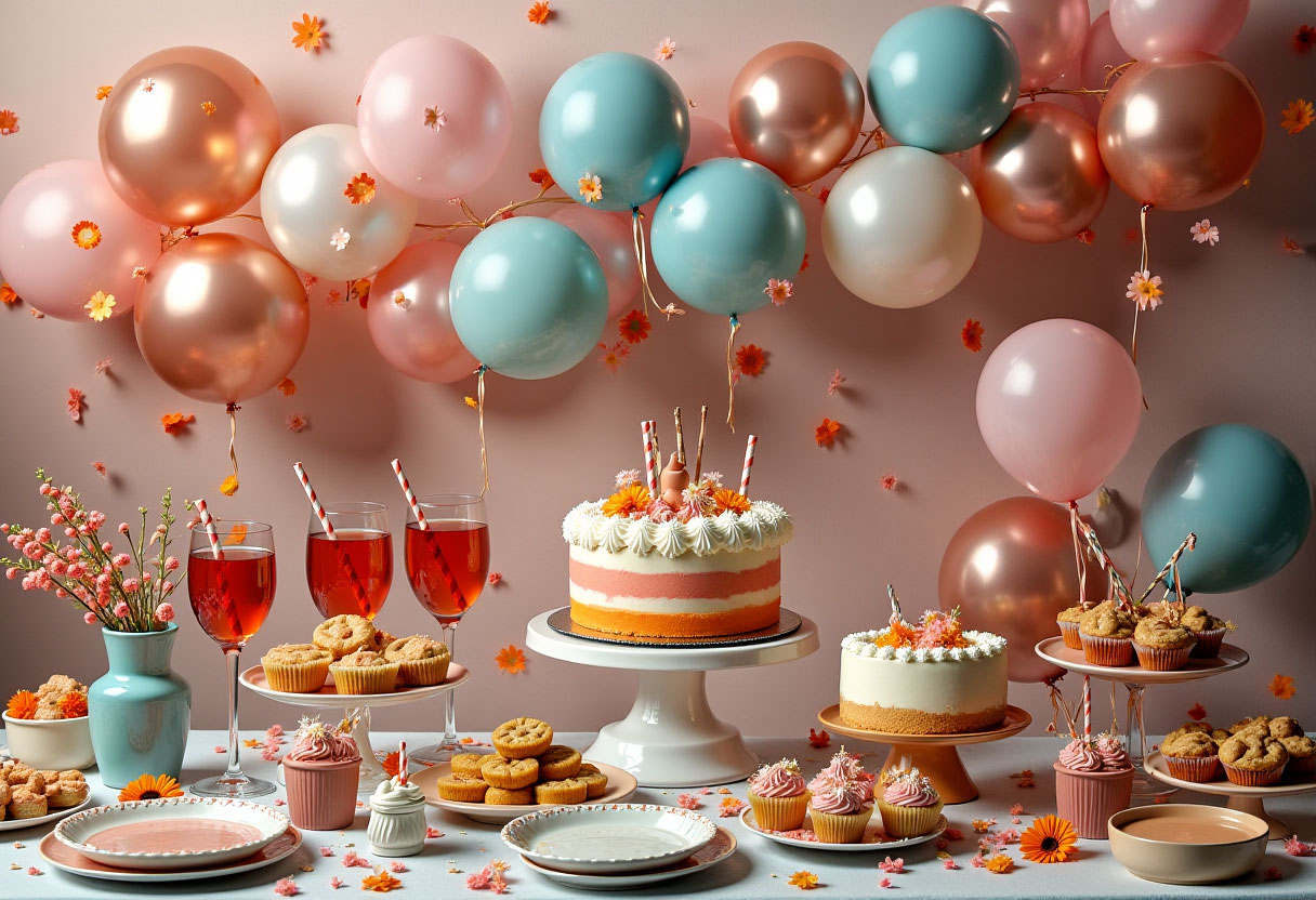 Tavolo elegante con vino, birra e cocktail colorati circondato da decorazioni festive come palloncini, luci e coriandoli.
