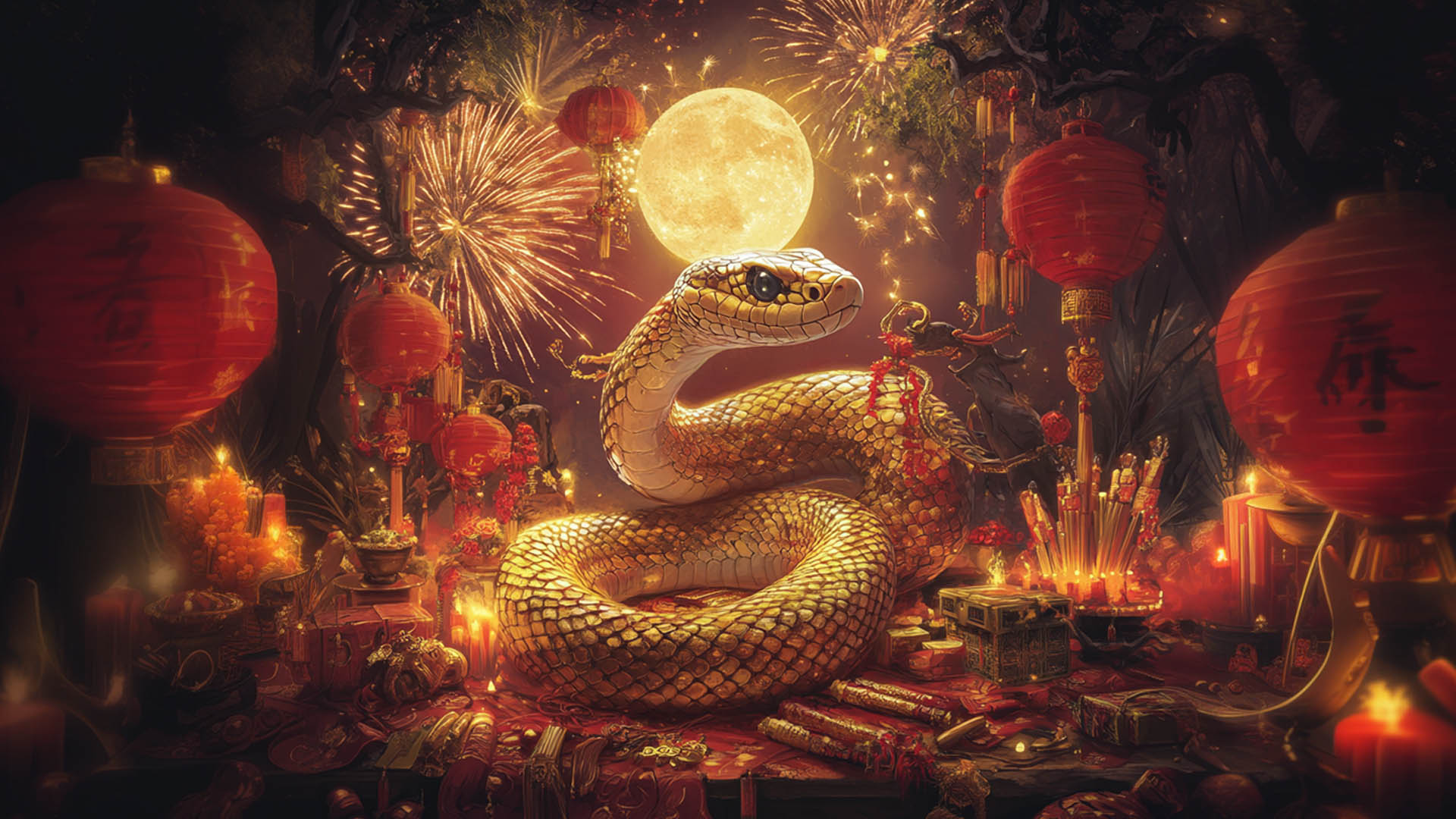 Una scena suggestiva del Capodanno cinese dedicata all'Anno del Serpente. Al centro, un maestoso serpente dorato avvolto su un altare decorato con lanterne rosse, candele accese e simboli tradizionali cinesi. Sullo sfondo, fuochi d'artificio illuminano un cielo notturno, creando un'atmosfera festosa e ricca di simbolismo culturale