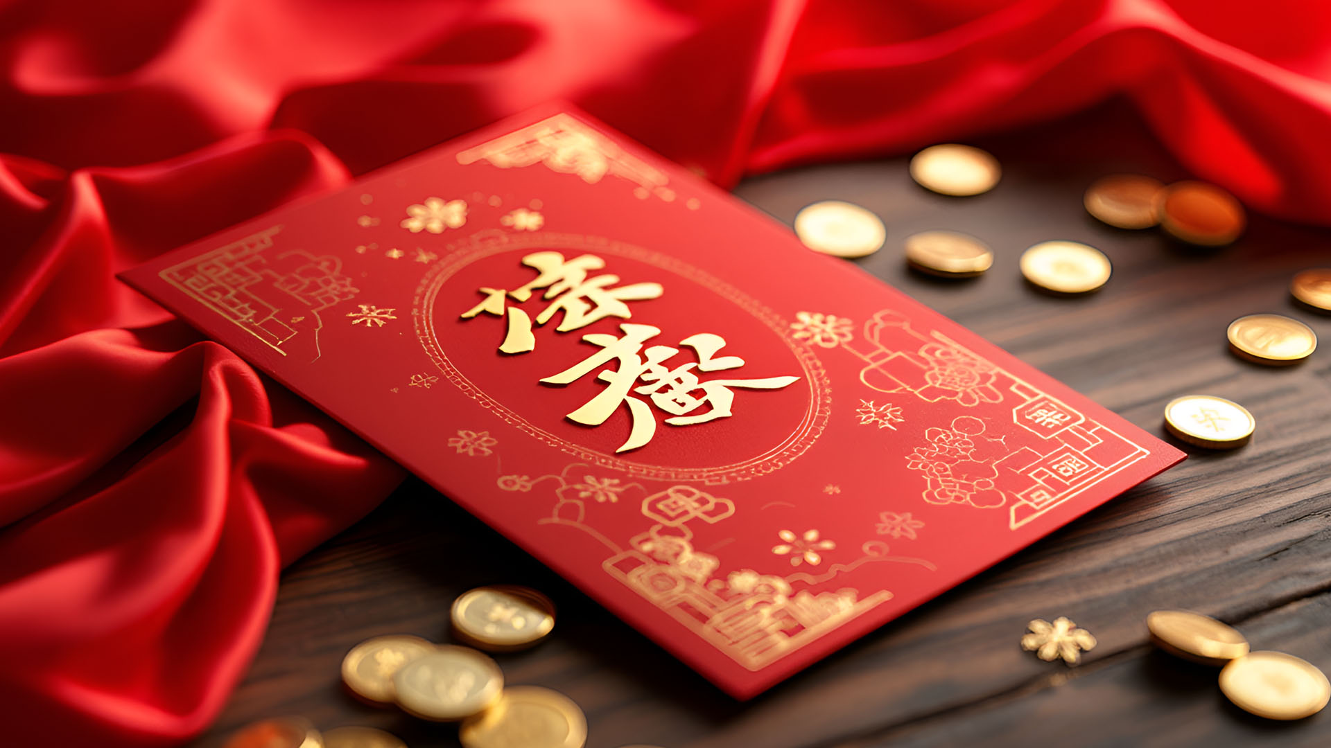 Un elegante hongbao tradizionale cinese di colore rosso con decorazioni dorate, posato su una superficie in legno. Intorno, monete dorate e un tessuto di seta rossa, che completano la scena con un'atmosfera di prosperità e tradizione legata al Capodanno cinese.