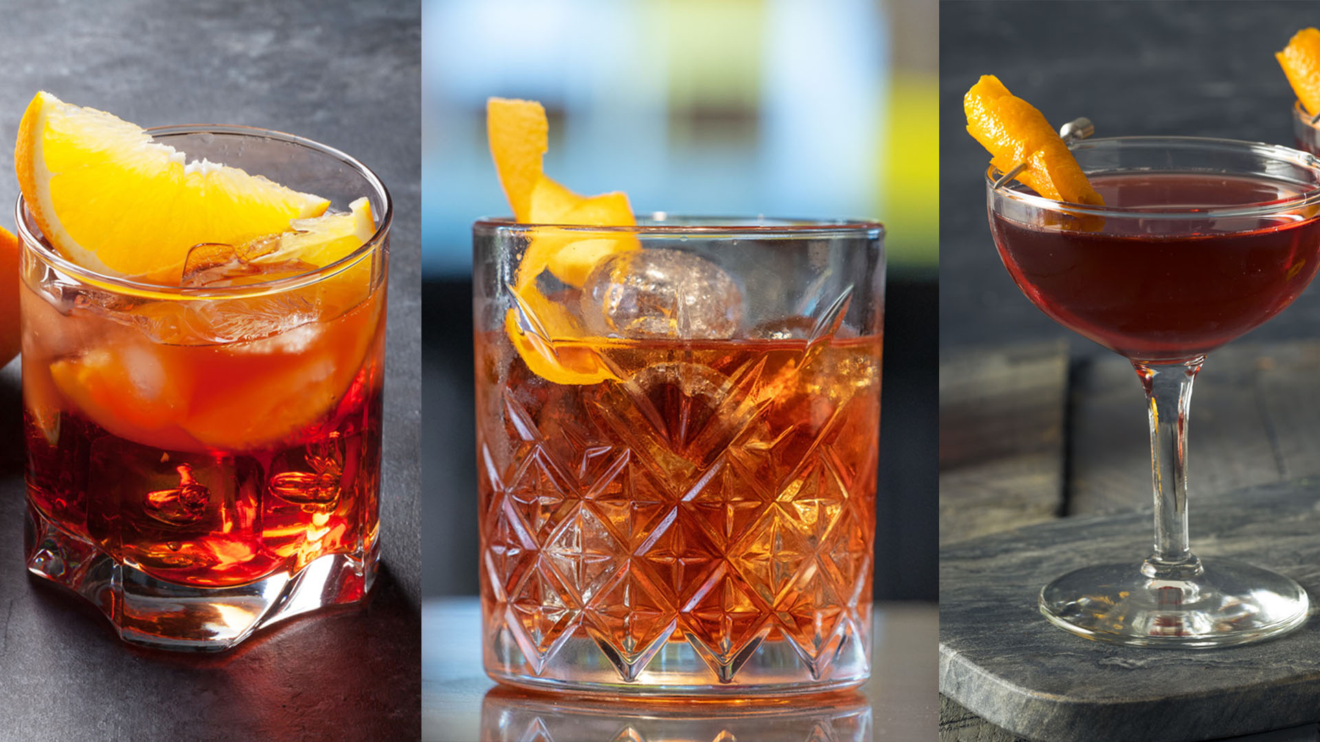 Negroni Americano Boulevardier cocktail serviti in bicchieri distinti e decorati con scorze d'arancia, su sfondi eleganti.