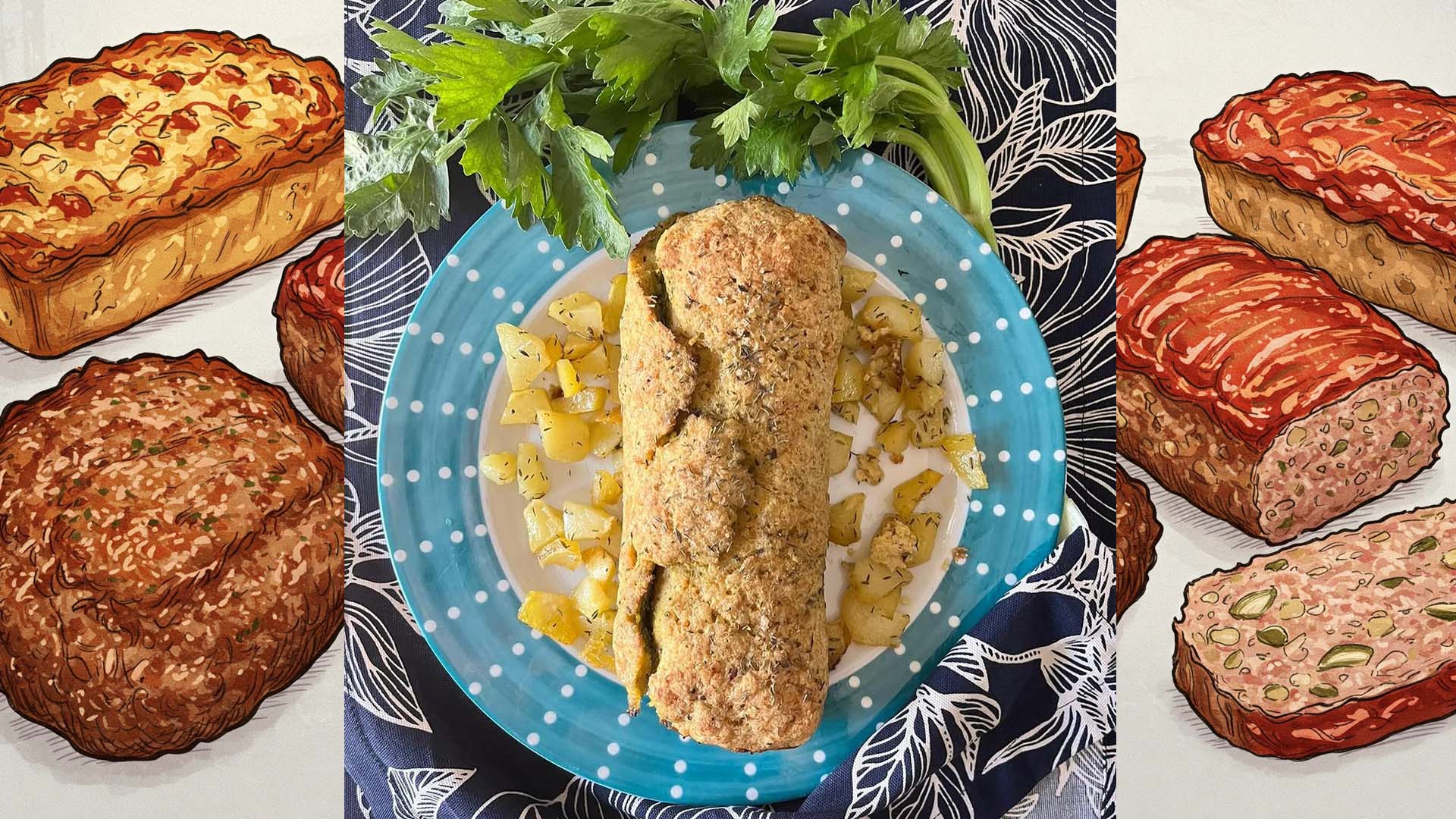 Polpettone di tacchino con robiola e pesto Polpettone di tacchino dorato al forno con crosta croccante, servito con patate aromatizzate alle erbe su un piatto decorato. Un secondo piatto gustoso e invitante.