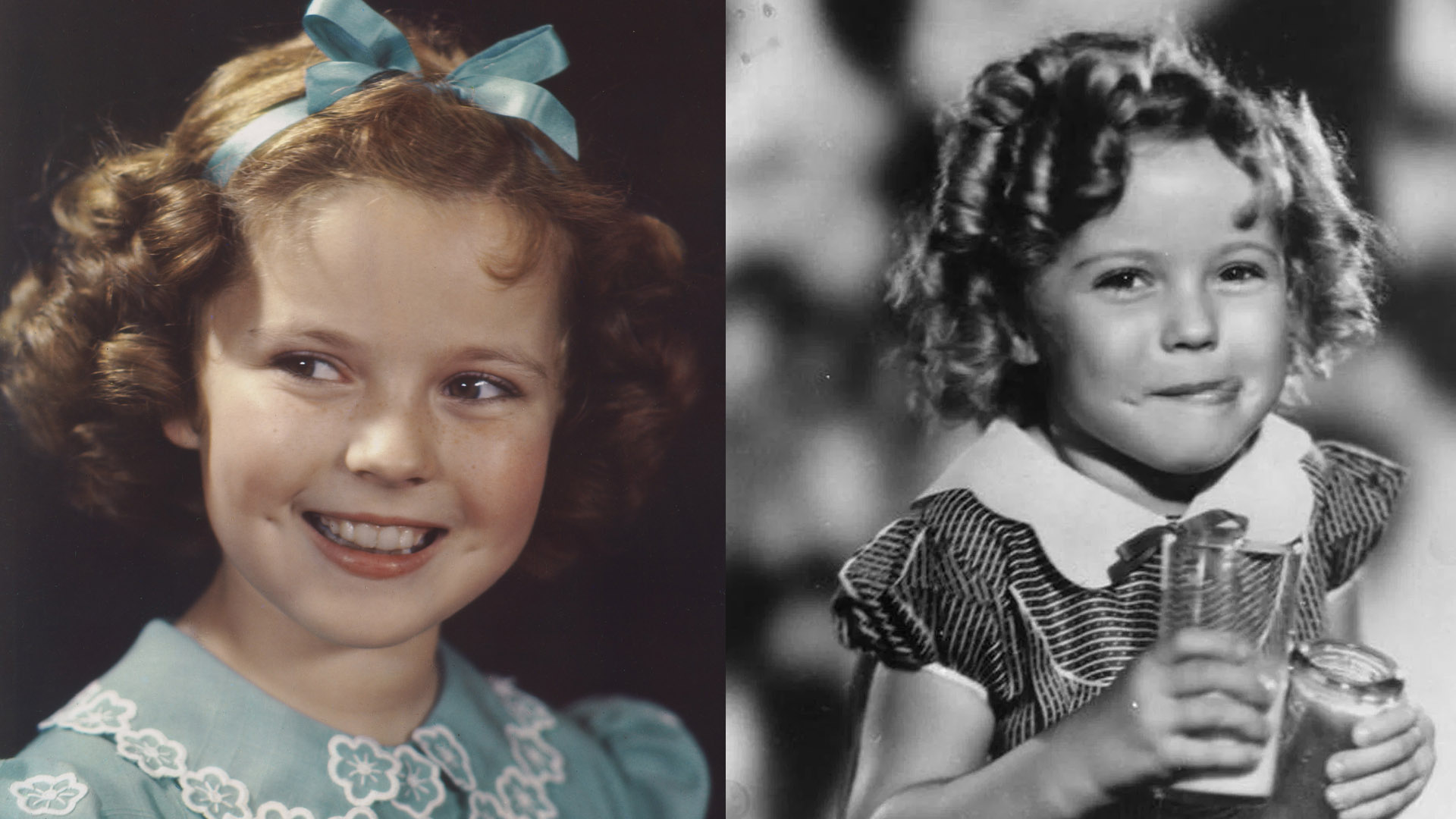 Due immagini dell'attrice Shirley Temple da bambina: a sinistra un ritratto a colori con un vestito azzurro e fiocco nei capelli, a destra una foto in bianco e nero in cui sorride mentre tiene in mano un bicchiere.