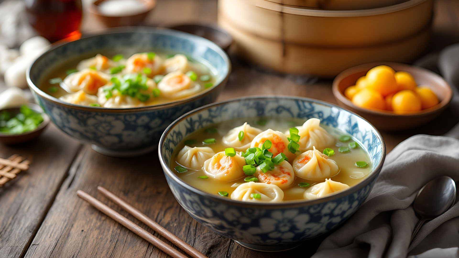 Due ciotole di wonton in brodo caldo, guarniti con cipollotto fresco, su un tavolo rustico in legno. Accanto, una ciotola di tangyuan colorati e un cestino in bambù sullo sfondo, completano l'atmosfera tradizionale cinese.