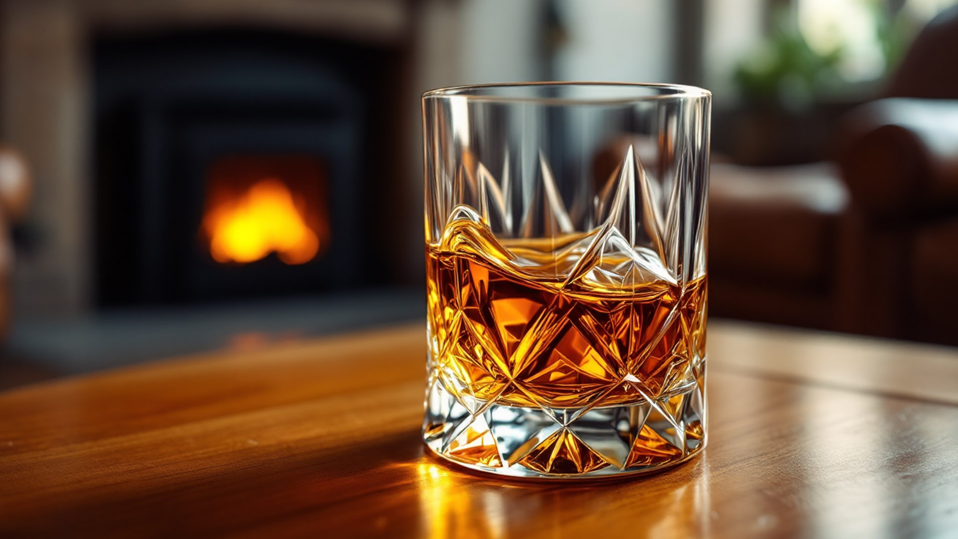 Un elegante bicchiere di cristallo con intagli geometrici, riempito con Brandy ambrato, poggiato su un tavolo di legno in un ambiente accogliente con camino acceso sullo sfondo. La luce calda riflette sulle sfaccettature del vetro, esaltando il colore ricco e intenso del distillato.