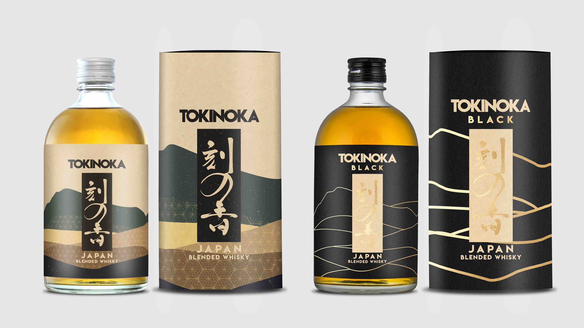 Bottiglie di whisky giapponese Tokinoka e Tokinoka Black con le rispettive confezioni, esposte su sfondo neutro. Design elegante con caratteri giapponesi dorati.Compagnia dei Caraibi al Roma Whisky Festival 2025