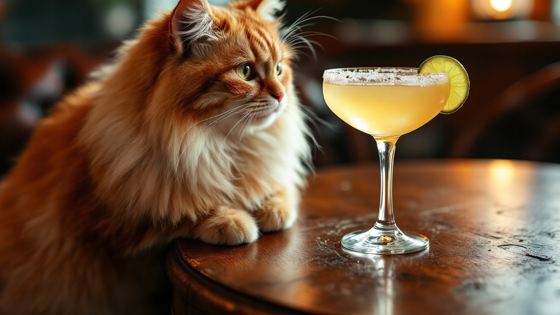 Un elegante gatto dal pelo arancione e soffice osserva con curiosità un cocktail