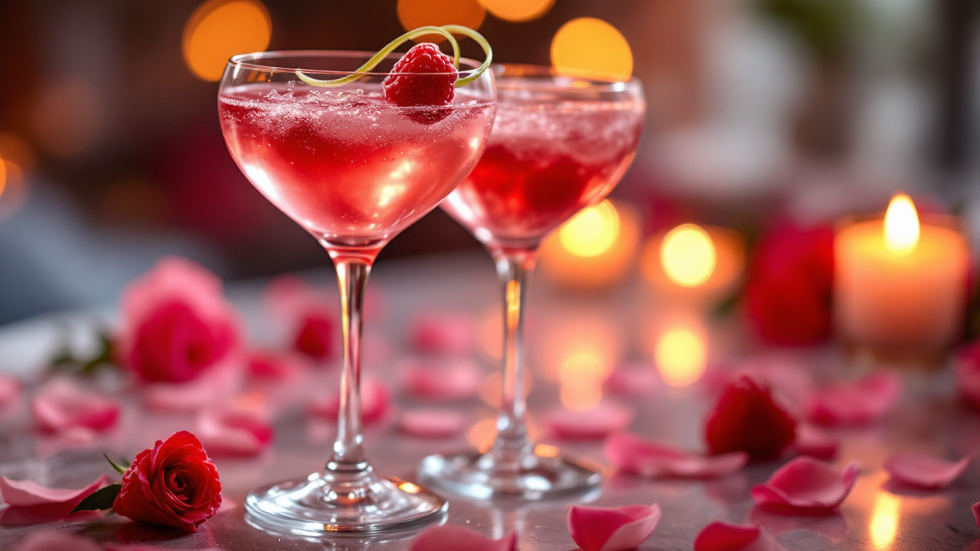 Due eleganti cocktail dal colore rosso intenso, serviti in raffinati bicchieri da champagne, decorati con lamponi freschi e un twist di scorza di lime. Il tavolo è ricoperto da petali di rosa, creando un’atmosfera romantica e avvolgente, illuminata dalla luce soffusa delle candele accese sullo sfondo. Un’ambientazione perfetta per un brindisi speciale a San Valentino.