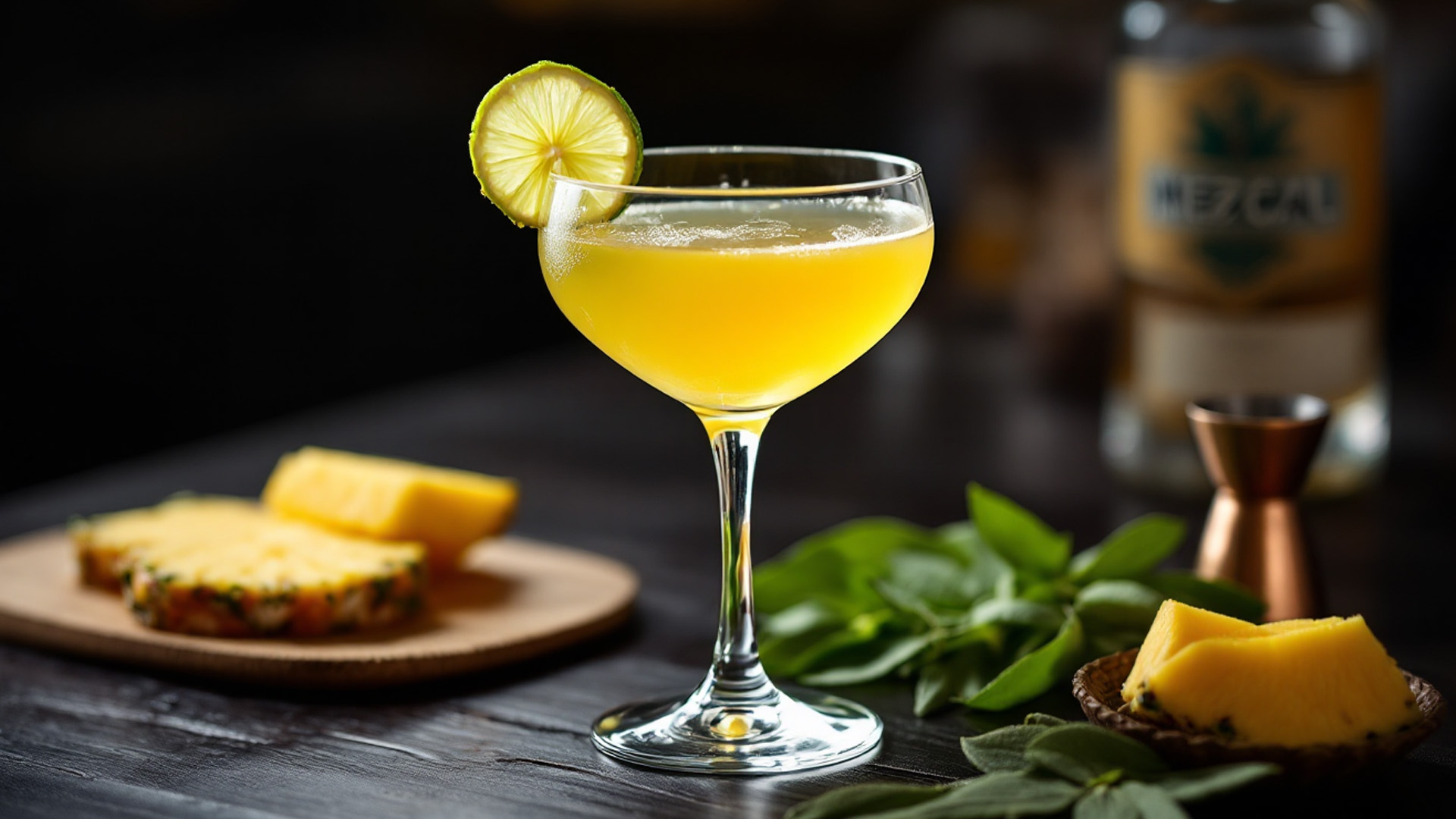 Un elegante cocktail "Micio Mezcal" servito in un bicchiere da coupé, dal colore dorato con riflessi verdi. Il drink è guarnito con una fetta di lime sul bordo del bicchiere e poggiato su un tavolo in legno scuro. Accanto, ingredienti freschi come ananas a fette, foglie di salvia e un jigger in rame, con una bottiglia di Mezcal sfocata sullo sfondo. Atmosfera sofisticata e accogliente.