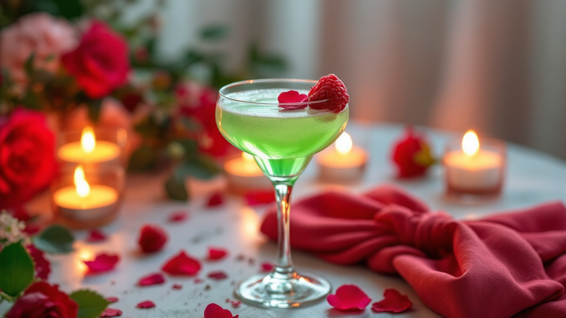 Un elegante cocktail di San Valentino realizzato con P31 Aperitivo Green, servito in una coppa raffinata con una tonalità verde brillante. Il drink è decorato con un lampone fresco e petali di rosa rossa. Sullo sfondo, un'atmosfera romantica con candele accese, petali di rosa sparsi e un tovagliolo rosso elegante su un tavolo apparecchiato per un’occasione speciale.