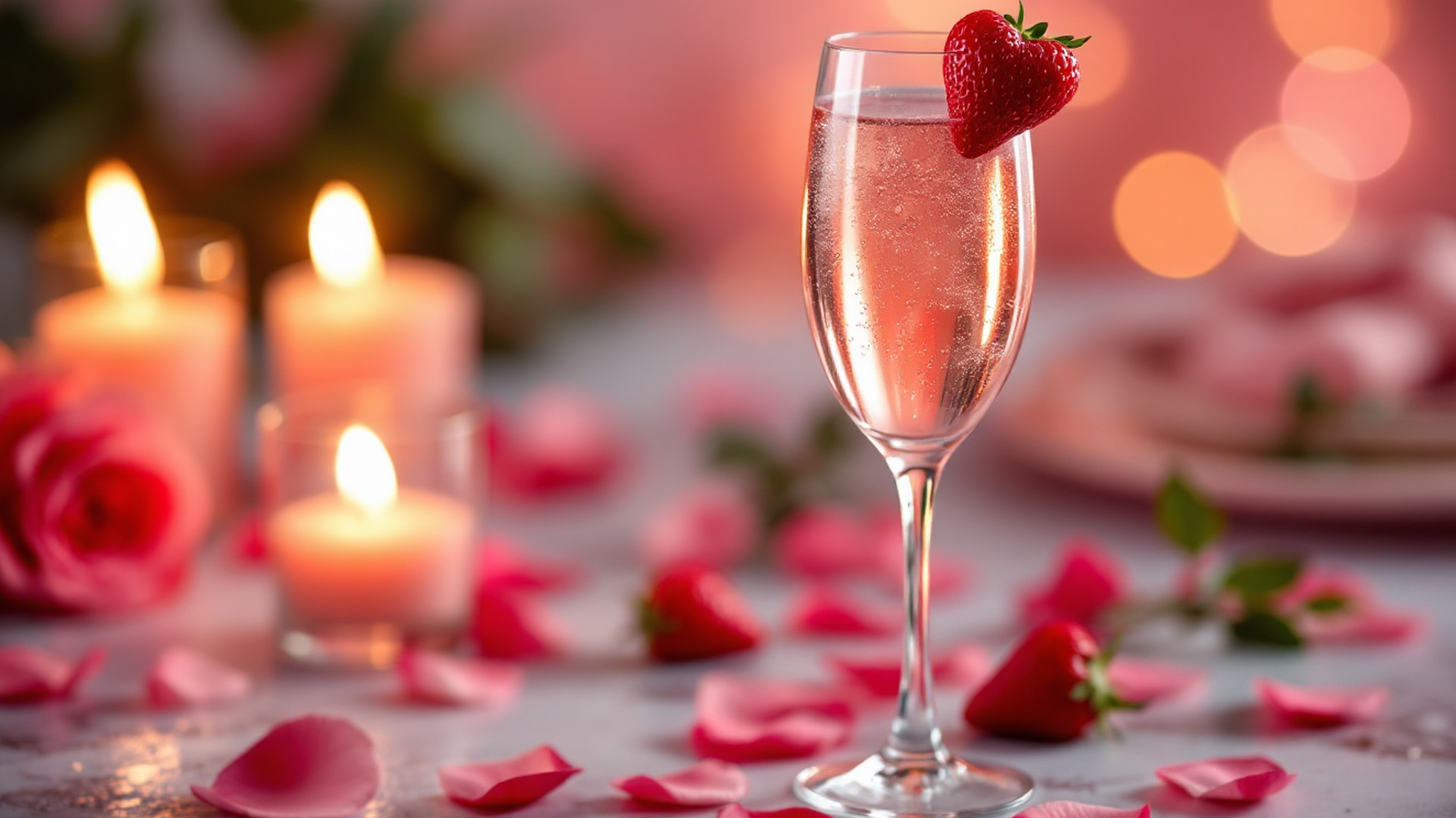 Un elegante cocktail Rosé Amour servito in un flute raffinato, con un delicato colore rosato e bollicine effervescenti. Il drink è decorato con una fragola a forma di cuore sul bordo del bicchiere. La scena è impreziosita da petali di rosa, candele accese e un'atmosfera romantica con luci soffuse, perfetta per un brindisi speciale a San Valentino.