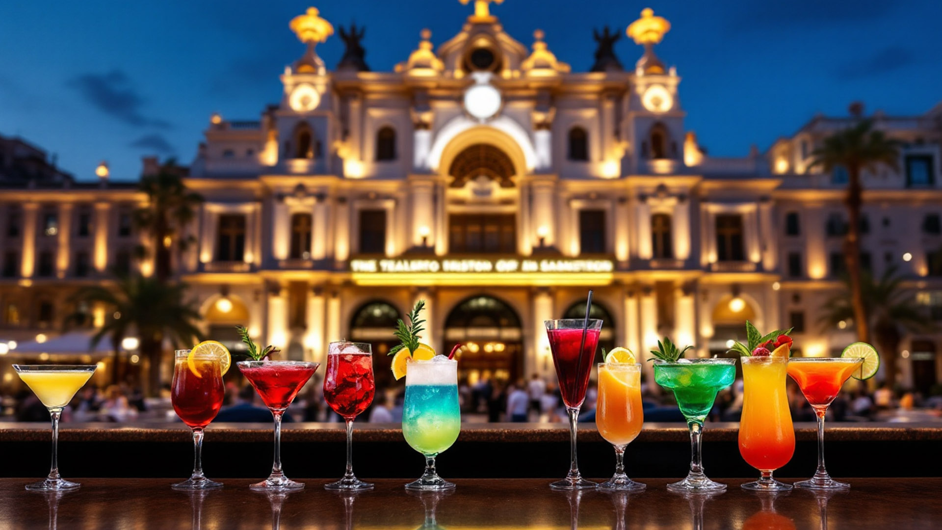Un'elegante fila di cocktail colorati in primo piano su un bancone di un bar, con il Teatro Ariston di Sanremo illuminato sullo sfondo durante una serata glamour. L'atmosfera vibrante e raffinata cattura l'essenza del Festival di Sanremo, unendo musica e mixology in un'esperienza sensoriale unica.