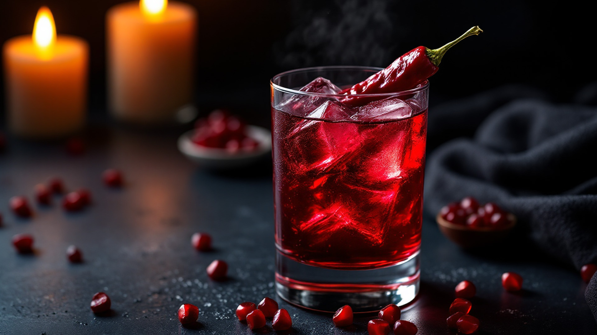 Un intenso cocktail Scarlet Heat servito in un bicchiere tumbler basso, con un vibrante colore rosso rubino e grandi cubetti di ghiaccio. Il drink è guarnito con un peperoncino rosso piccante posizionato sul bordo del bicchiere, evocando il suo carattere audace e speziato. Intorno, chicchi di melograno sparsi e una luce soffusa creano un’atmosfera seducente e misteriosa, accompagnata da candele accese e un tessuto scuro sullo sfondo. Perfetto per chi ama cocktail decisi e intriganti