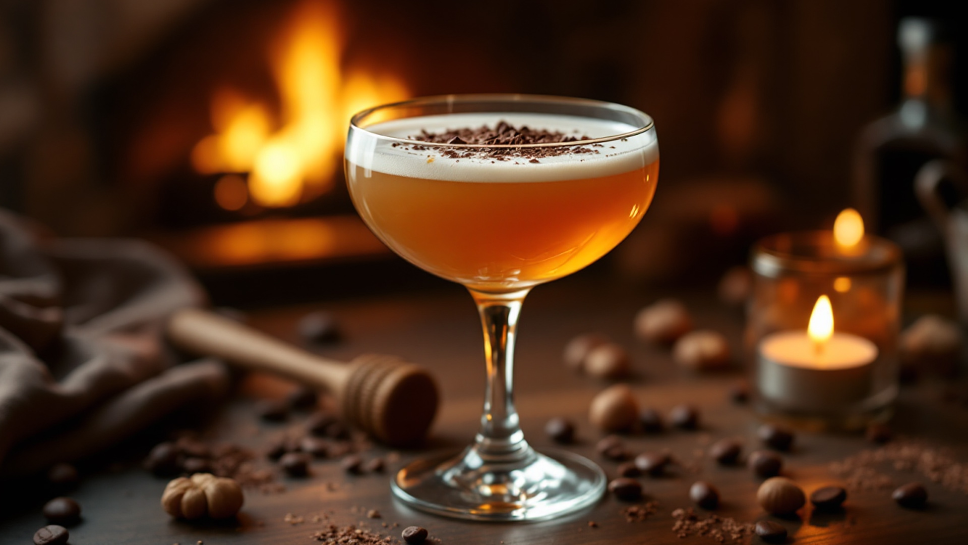 Un raffinato cocktail Sweet Desire servito in un elegante bicchiere Nick & Nora, con una calda tonalità dorata e una superficie vellutata, guarnita con scaglie di cioccolato fondente. L’atmosfera accogliente è arricchita da un camino acceso sullo sfondo, candele soffuse e dettagli gourmet come chicchi di caffè, nocciole e un mestolo di miele. Un'ambientazione intima e romantica, perfetta per una serata speciale.