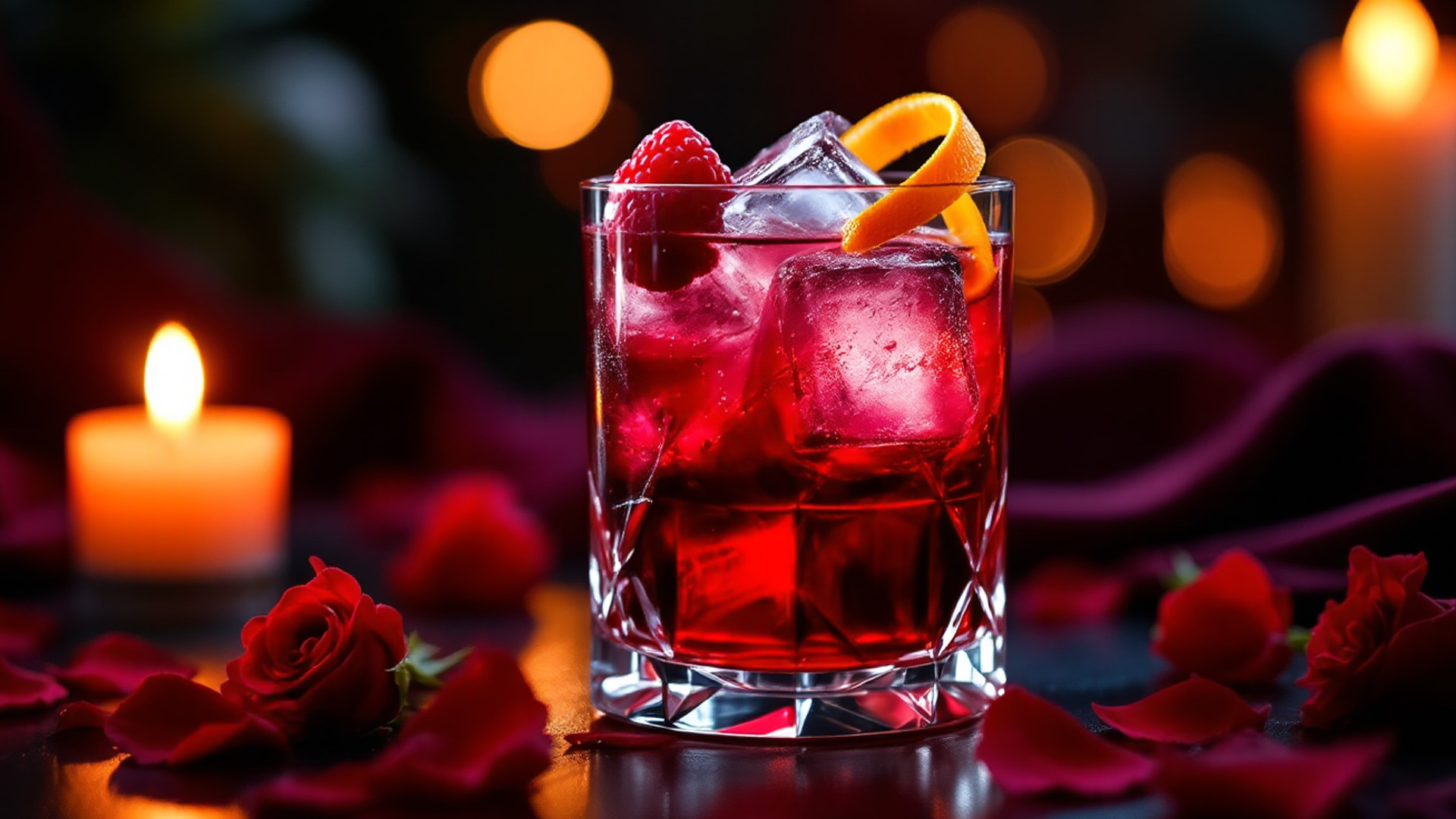 Un elegante cocktail Velvet Kiss servito in un bicchiere Old Fashioned con un intenso colore rosso rubino. Il drink è arricchito da grandi cubetti di ghiaccio cristallino e guarnito con una scorza d'arancia arrotolata e un lampone fresco. L'atmosfera romantica è accentuata da candele accese, petali di rosa sparsi e un raffinato tessuto vellutato rosso sullo sfondo, creando un'ambientazione intima e sofisticata per un brindisi speciale a San Valentino.