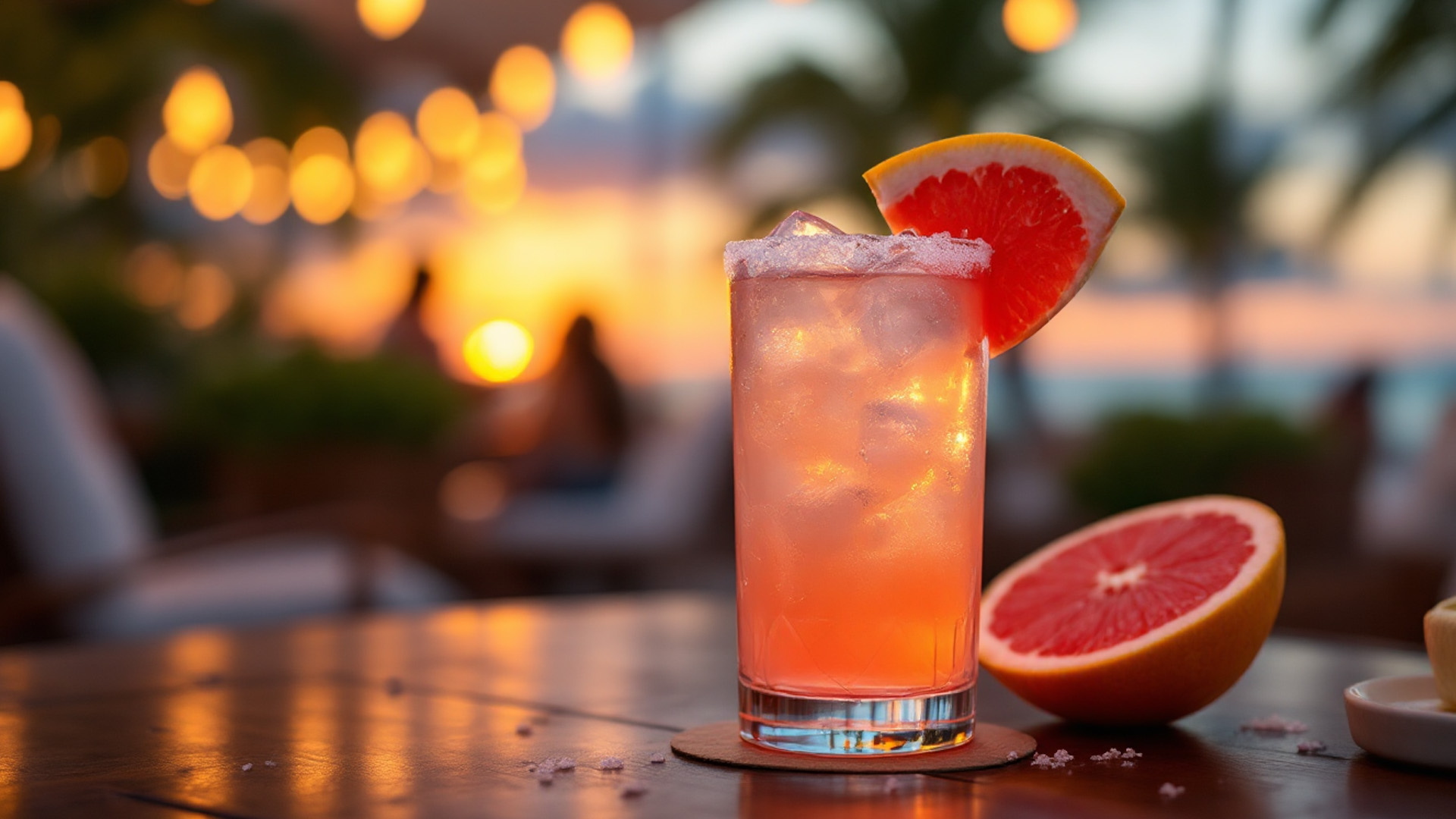 Cocktail Paloma servito in un bicchiere highball con ghiaccio, bordo salato e fetta di pompelmo rosa come guarnizione, ambientato all’aperto durante un tramonto tropicale con luci soffuse e palme sullo sfondo.