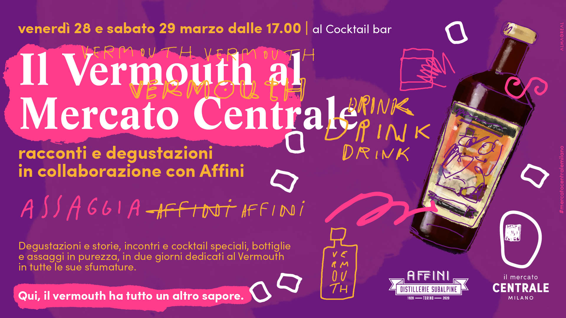 Locandina dell’evento “Il Vermouth al Mercato Centrale” a Milano, con date 28 e 29 marzo, grafiche colorate, bottiglia illustrata e loghi di Affini e Mercato Centrale Milano. Evento dedicato a degustazioni e racconti sul Vermouth in collaborazione con Distillerie Subalpine.