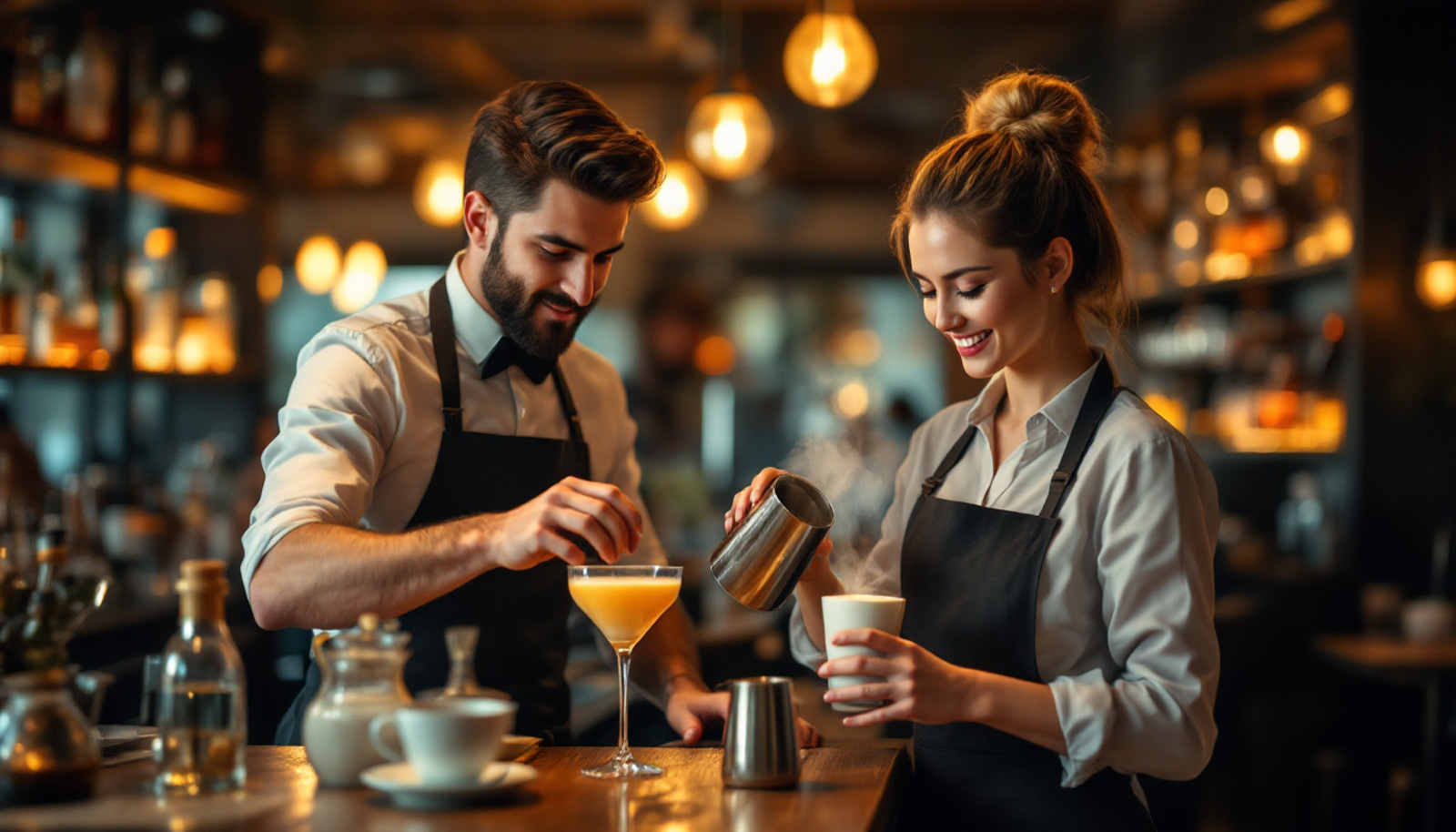 Barman e barista professionisti al lavoro in un bar-ristorante moderno, preparando cocktail e caffè.