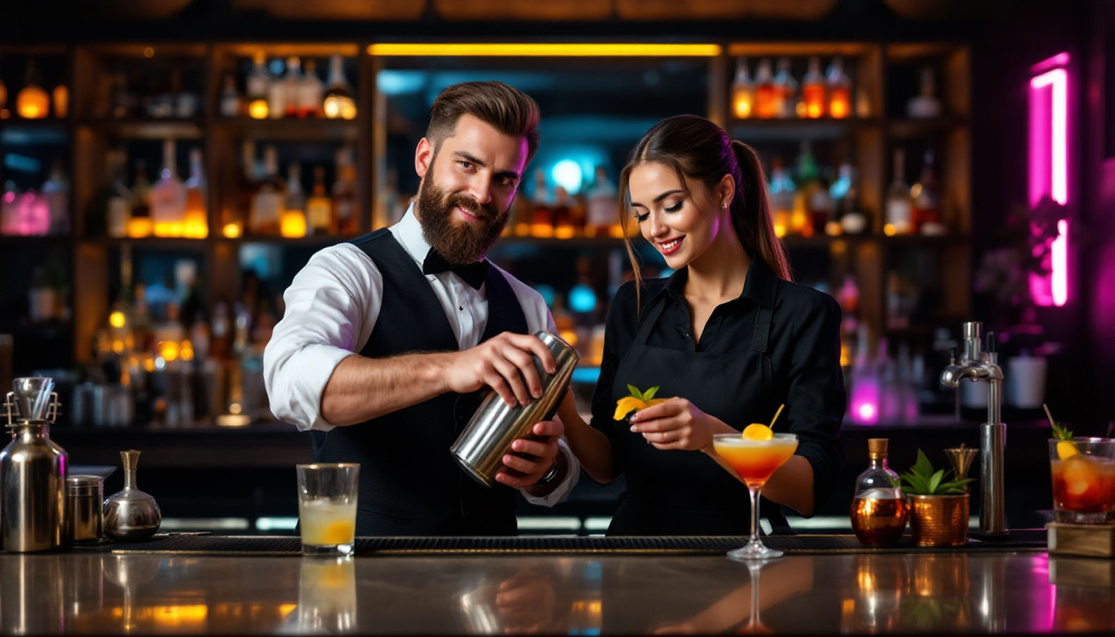 Barman e barlady professionisti al lavoro in un bar moderno, preparando cocktail.