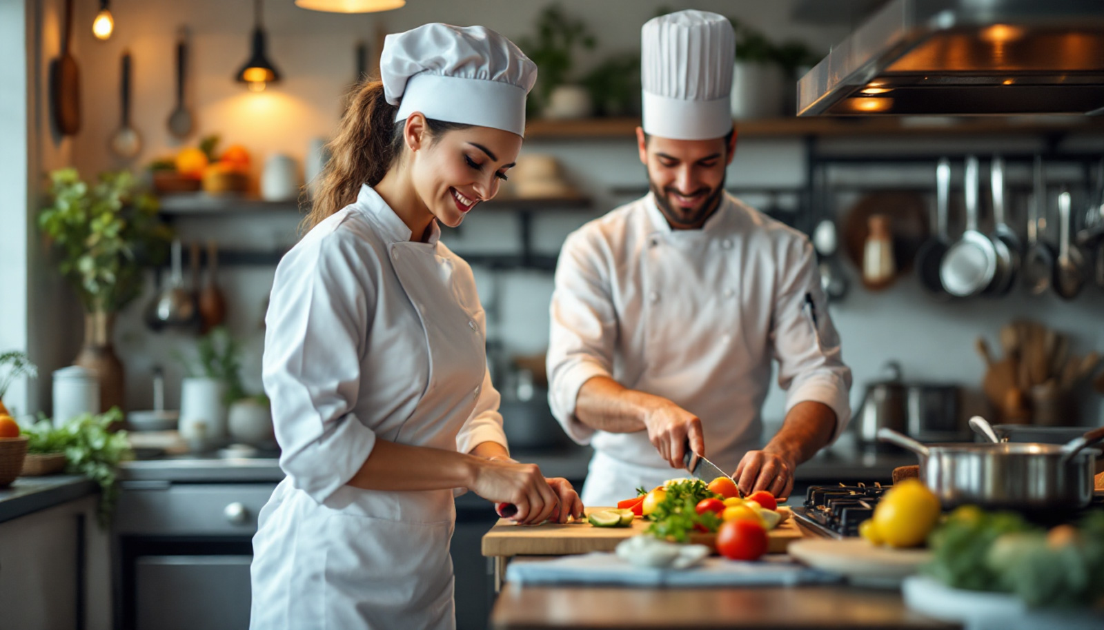 Cuoco e cuoca professionisti al lavoro in una cucina comunitaria, preparando pasti con cura e attenzione.