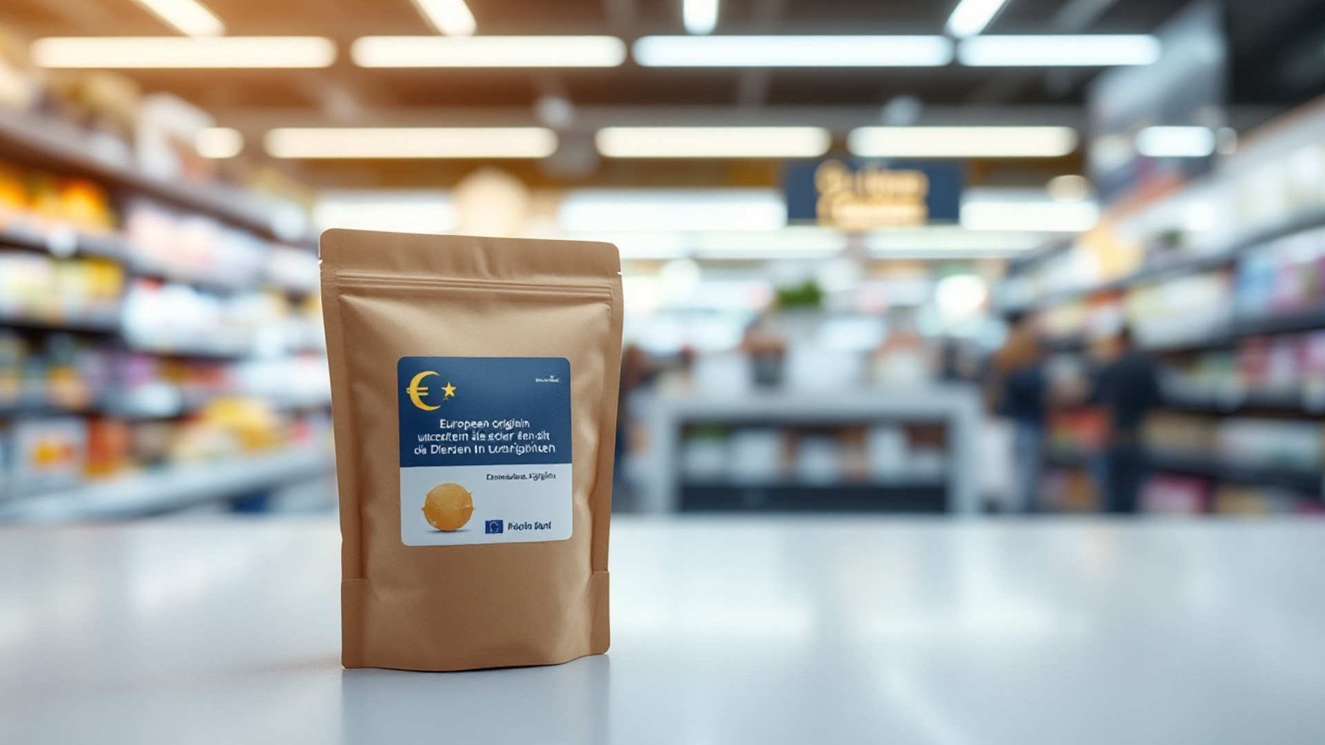 Confezione di prodotto alimentare con etichetta blu e stella dorata, simbolo dell’origine europea, esposta in primo piano su un banco di supermercato danese. Sullo sfondo sfocato si intravedono scaffali pieni e clienti che fanno la spesa. Simbolo della protesta silenziosa contro i Dazi americani