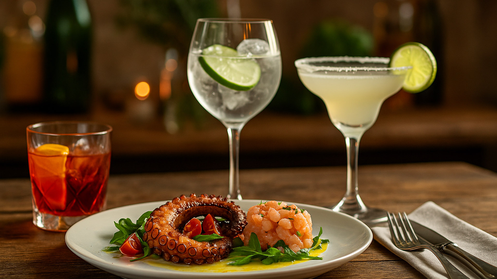 Piatto gourmet con polpo grigliato e tartare di pesce accompagnato da tre cocktail: Negroni, Gin Tonic e Margarita, serviti su tavolo elegante. Food pairing pesce e cocktail