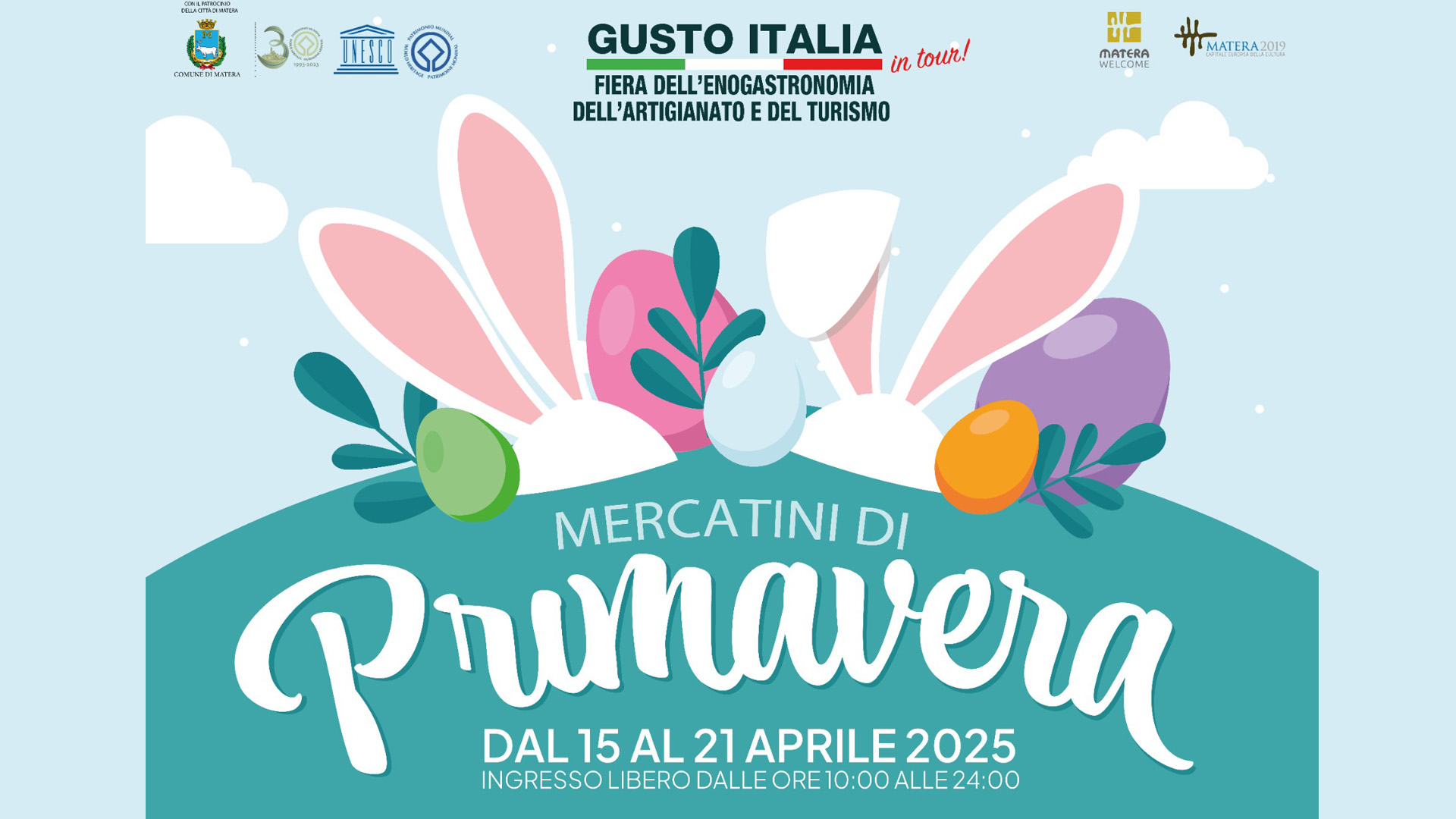Locandina ufficiale dei Mercatini di Primavera per la Pasqua a Matera 2025, organizzati da Gusto Italia in Tour dal 15 al 21 aprile con eventi, artigianato e degustazioni.