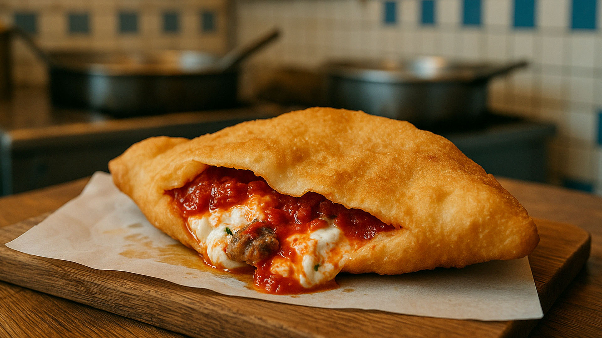 Pizza fritta napoletana appena preparata, croccante e dorata all’esterno, ripiena di ricotta, pomodoro e salsiccia, servita su carta da forno in una pizzeria tradizionale con piastrelle bianche e blu sullo sfondo.