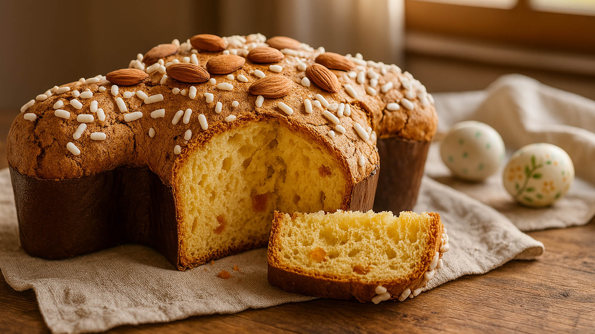 Una colomba pasquale artigianale su una tavola rustica di legno, tagliata a metà per mostrare l’interno soffice. Glassa croccante con mandorle intere e granella di zucchero. Sullo sfondo sfocato: uova decorate, tovaglia in lino chiaro, luce naturale calda da finestra laterale. Atmosfera familiare ed elegante. Dolce tipico di Pasqua