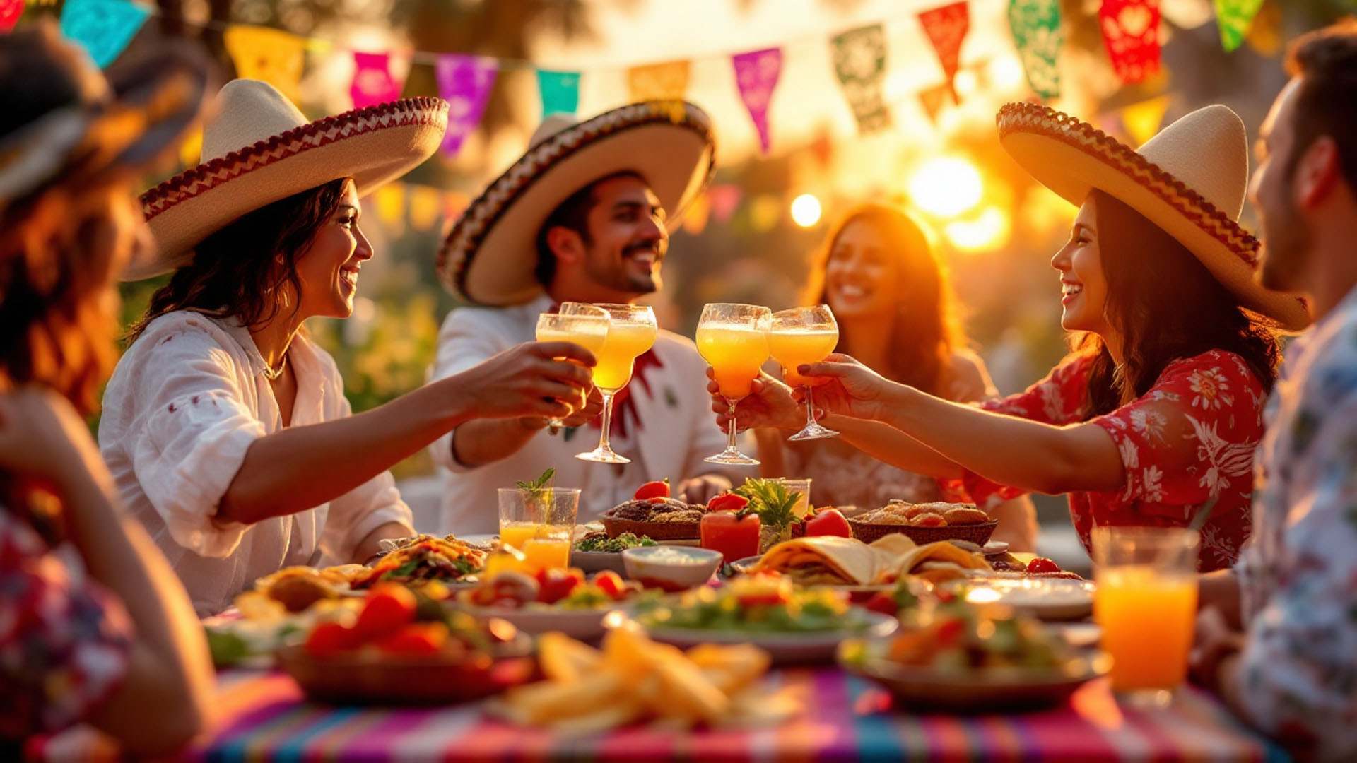 Una scena festiva in stile messicano ambientata all'aperto durante il Cinco de Mayo, con bandiere colorate e decorazioni tradizionali (papel picado), persone che brindano con margarita e paloma, un tavolo ricco di cibo messicano (tacos, tamales, guacamole)