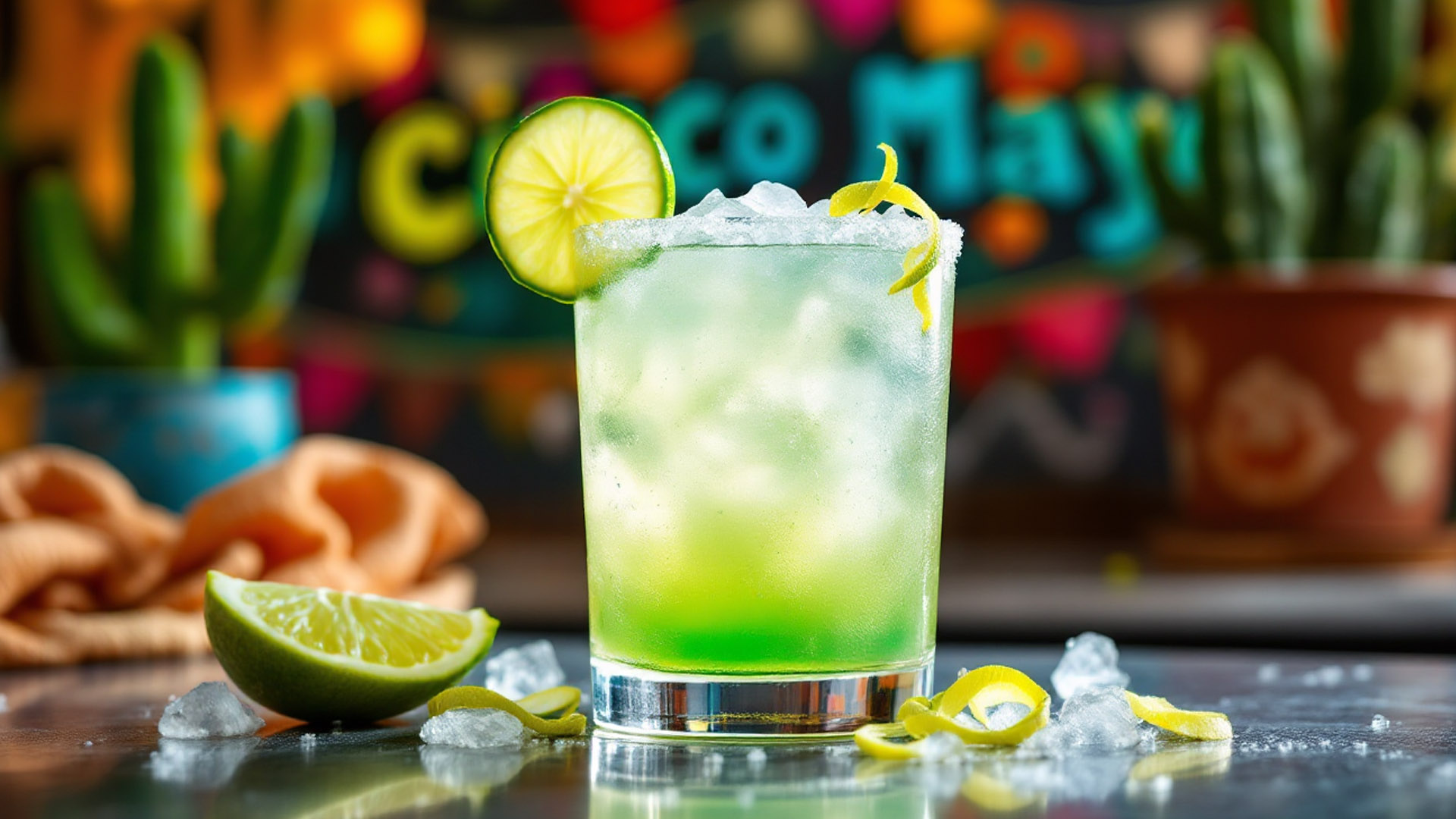 cocktail fresco a base di tequila con lime e ghiaccio, decorato con scorza di limone, perfetto per festeggiare il Cinco de Mayo in stile messicano. Cocktail Cinco de Mayo a base di tequila ricetta
