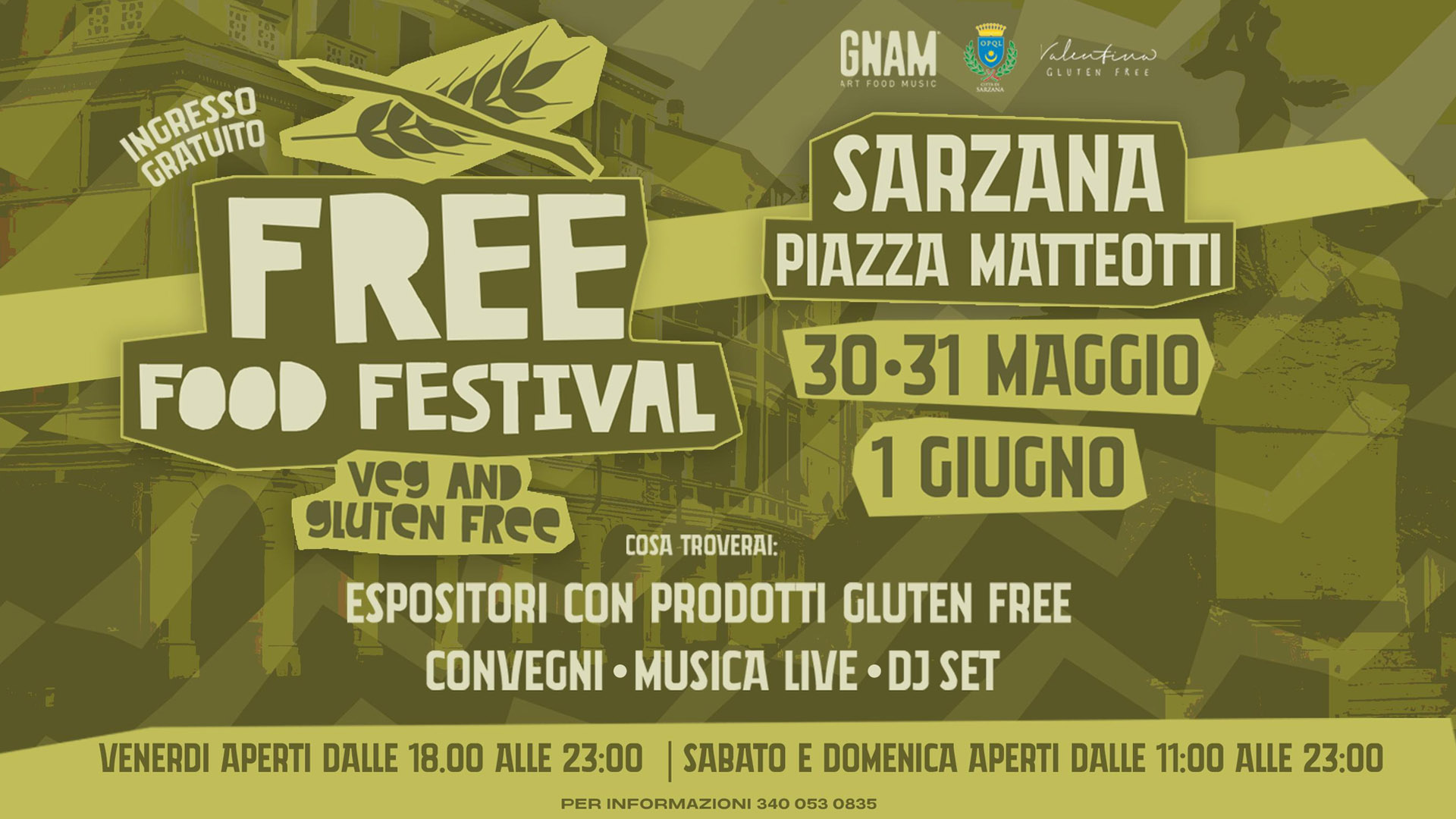 Locandina ufficiale del Free Food Festival 2025 a Sarzana, evento vegano e gluten free con espositori, convegni, musica live e DJ set in Piazza Matteotti dal 30 maggio al 1 giugno.