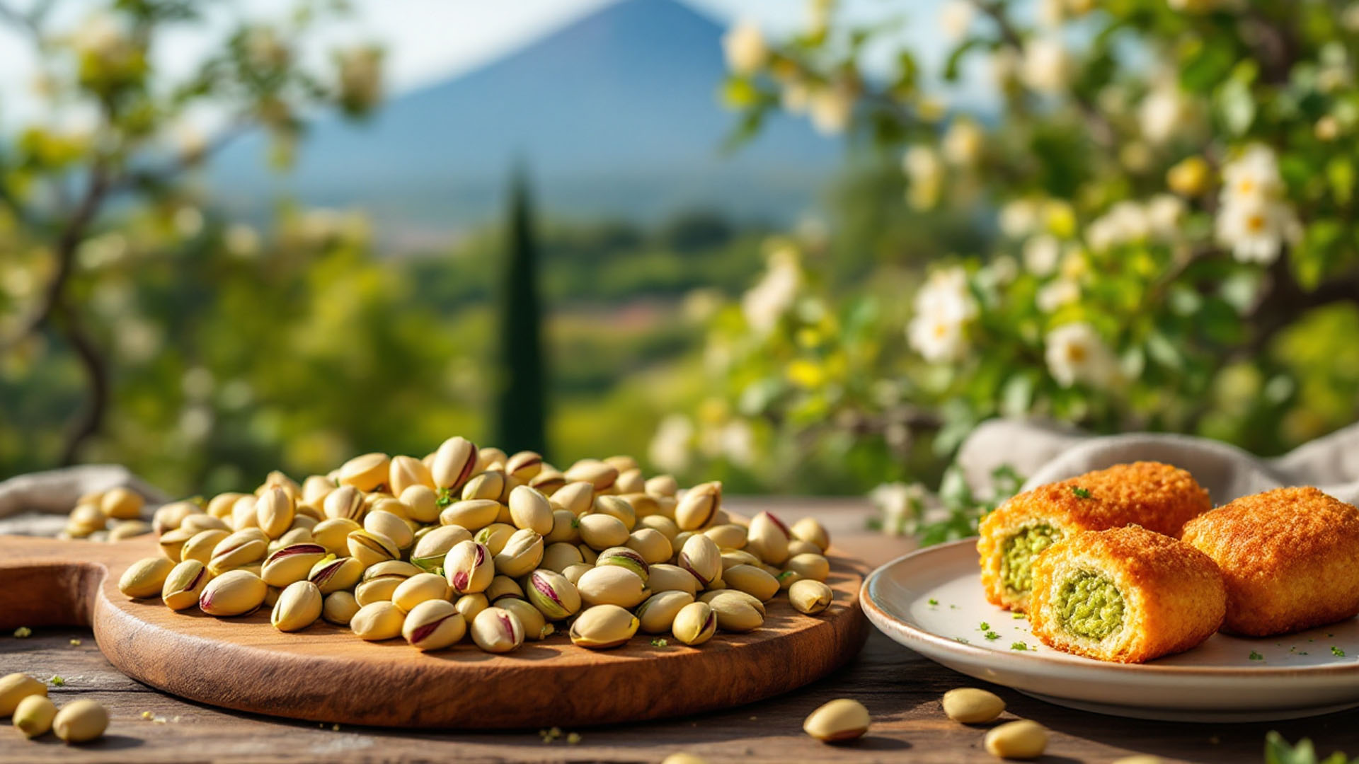 Pistacchi freschi su tagliere in legno con arancini al pistacchio su piatto ceramico, in un contesto naturale con Etna sullo sfondo. Il pistacchio patrimonio italiano