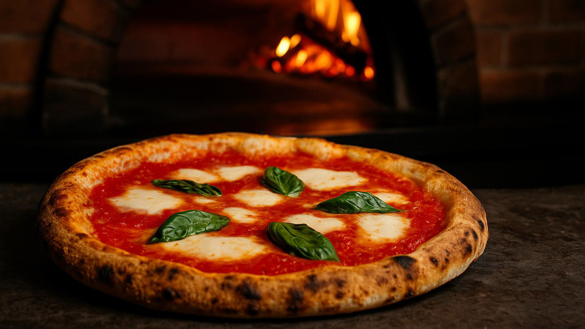 Pizza Margherita appena sfornata in pizzeria, con basilico fresco e forno a legna acceso sullo sfondo, simbolo delle pizze più amate dagli italiani.
