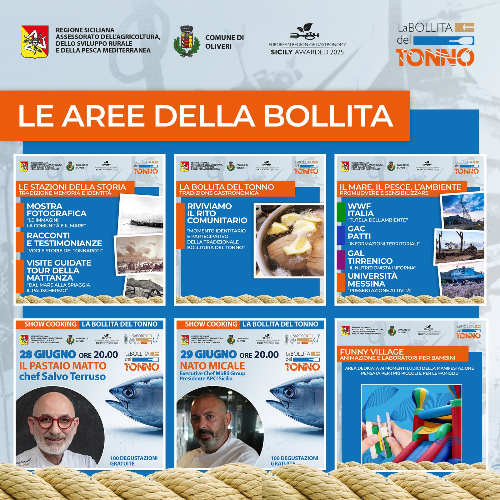 Le aree tematiche della Bollita del Tonno a Oliveri: storia, gastronomia, sostenibilità, show cooking e attività per famiglie