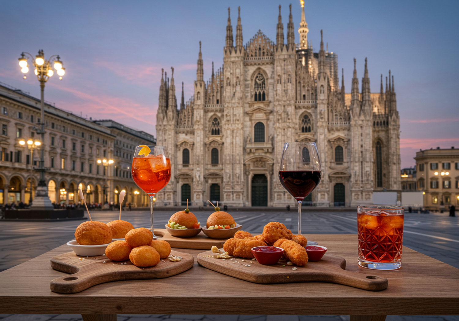 Aperitivo Milano Duomo con tavolino, taglieri e drink Spritz, vino e Negroni