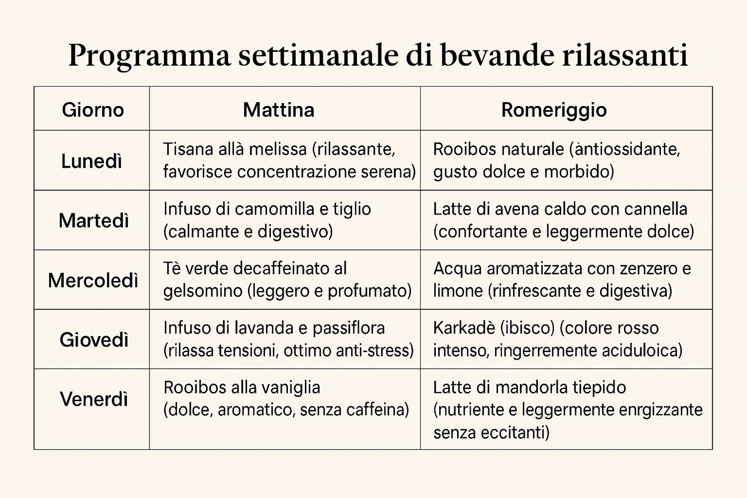 Programma settimanale bevande rilassanti in tabella