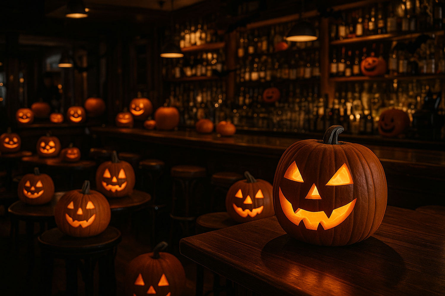 Cocktail bar con zucche di Halloween intagliate illuminate, decorazioni autunnali e atmosfera festosa